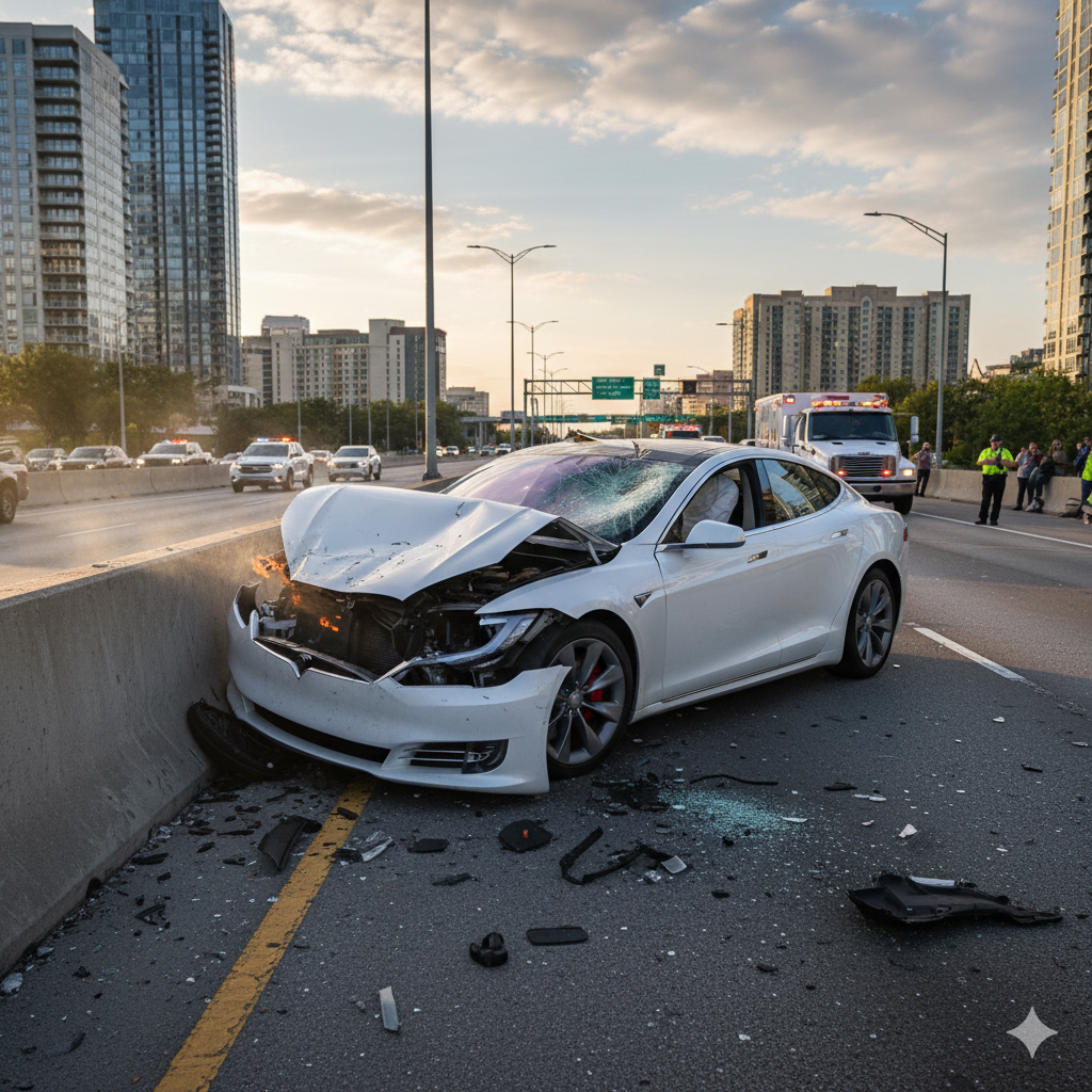 A modern electric sedan parked on a clean asphalt road with a sunset reflecting off its polished metal exterior and glass roof.