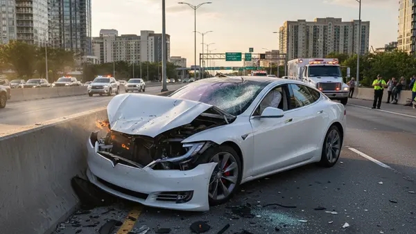 A modern electric sedan parked on a clean asphalt road with a sunset reflecting off its polished metal exterior and glass roof.