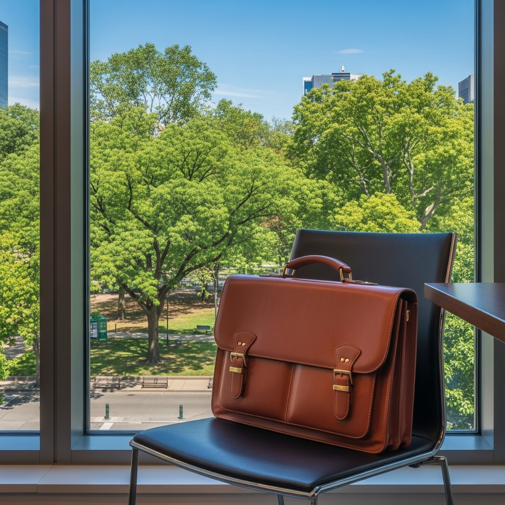 A leather briefcase sitting on an office chair next to a large window overlooking a city park with lush green trees and a clear blue sky.