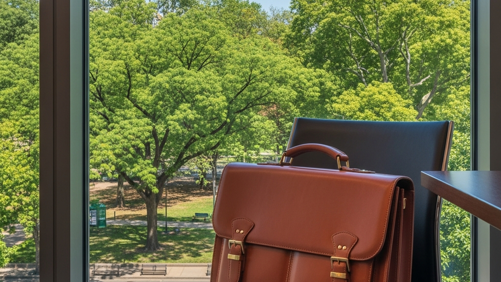 A leather briefcase sitting on an office chair next to a large window overlooking a city park with lush green trees and a clear blue sky.