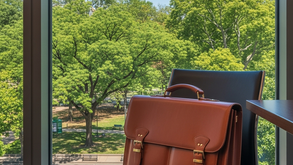 A leather briefcase sitting on an office chair next to a large window overlooking a city park with lush green trees and a clear blue sky.
