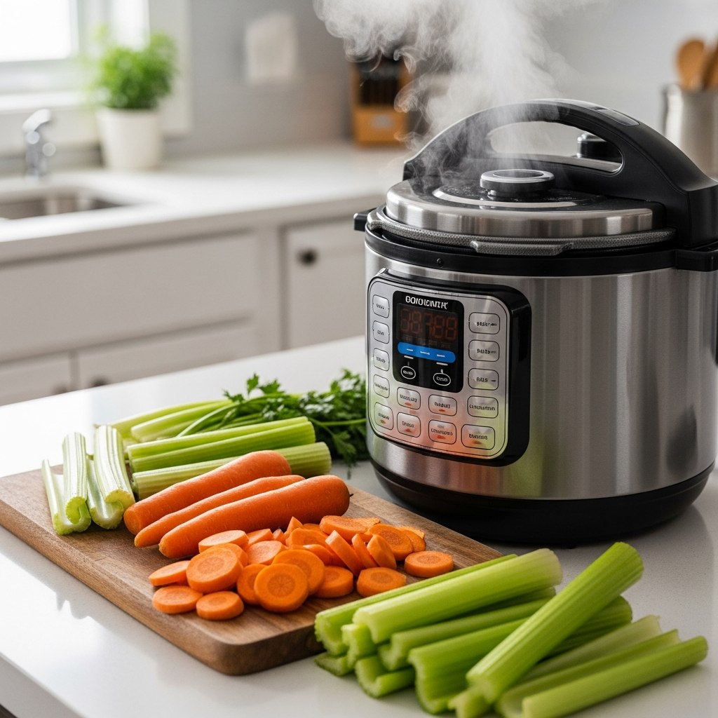 A detailed close-up of a modern electric pressure cooker on a kitchen counter with steam escaping from the valve, surrounded by ingredients like sliced carrots and celery on a wooden cutting board.