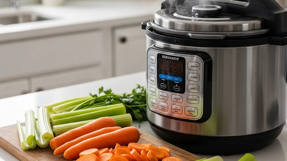 A detailed close-up of a modern electric pressure cooker on a kitchen counter with steam escaping from the valve, surrounded by ingredients like sliced carrots and celery on a wooden cutting board.