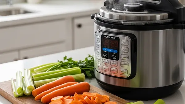 A detailed close-up of a modern electric pressure cooker on a kitchen counter with steam escaping from the valve, surrounded by ingredients like sliced carrots and celery on a wooden cutting board.