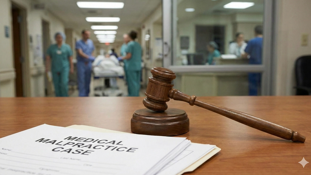 A close-up of a judge's gavel resting on a legal document with a blurred hospital hallway in the background, representing the intersection of medical negligence and legal justice.