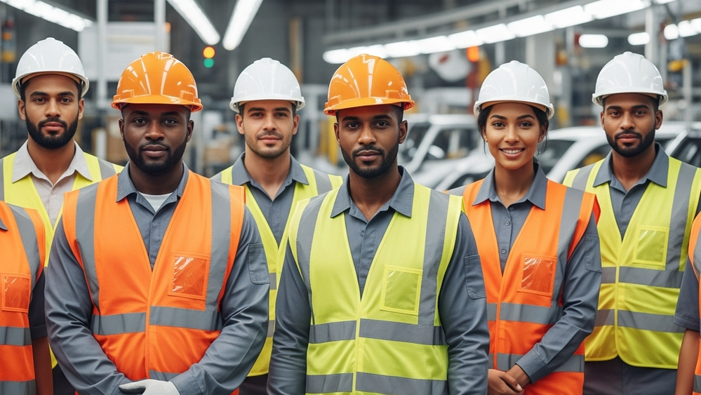 A group of automotive factory workers wearing safety vests and hard hats standing together in a brightly lit industrial facility.