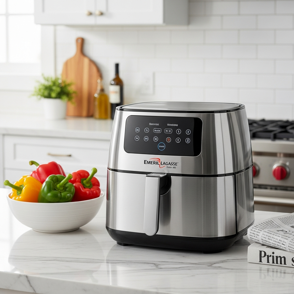 A stainless steel Emeril Lagasse Power AirFryer 360 sits on a modern marble kitchen countertop next to a bowl of fresh bell peppers.