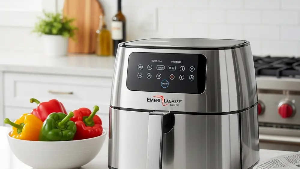 A stainless steel Emeril Lagasse Power AirFryer 360 sits on a modern marble kitchen countertop next to a bowl of fresh bell peppers.