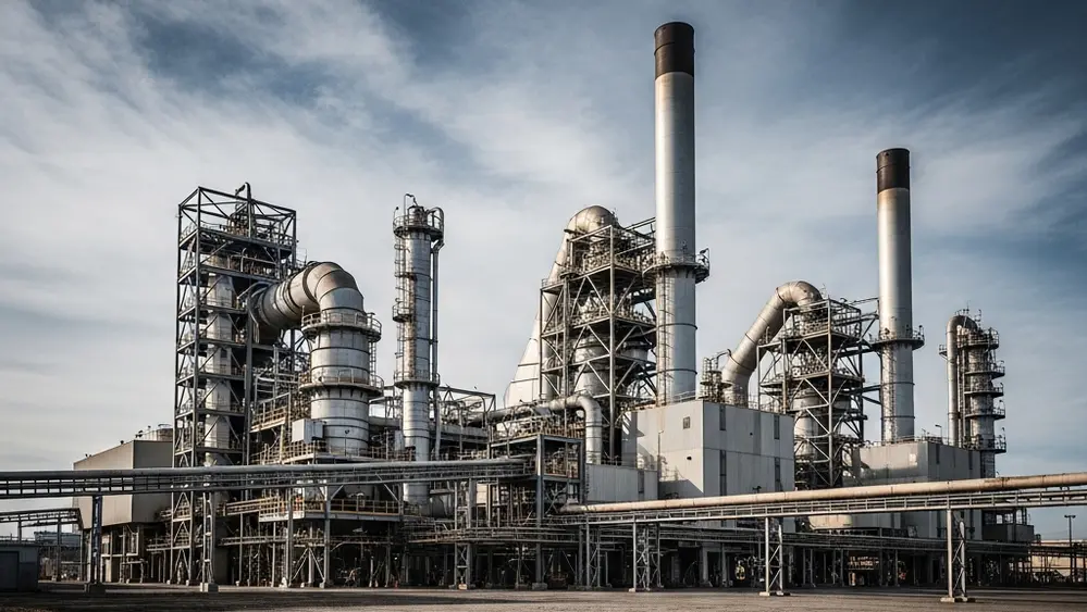 A wide-angle shot of a large industrial manufacturing plant with tall smokestacks and steel structures under a cloudy sky.