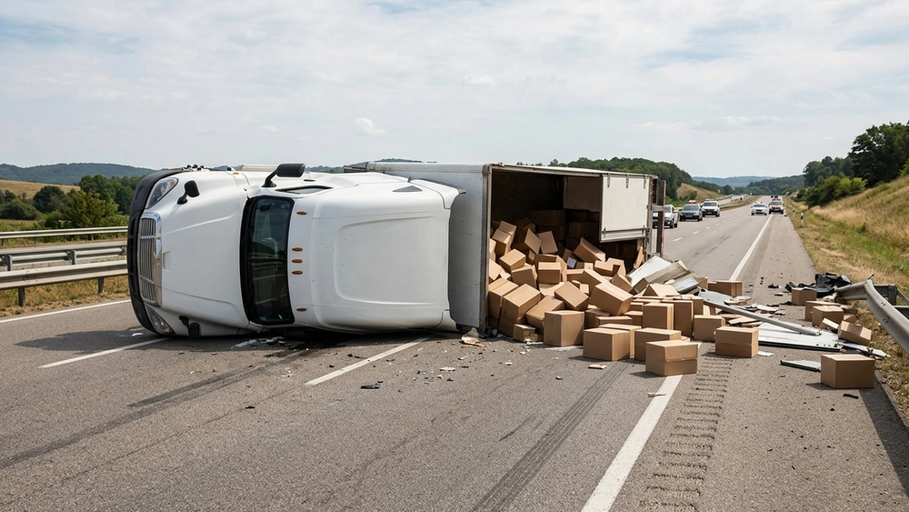 An overturned white commercial semi-truck lying on its side across a dry, paved highway, with boxes of cargo scattered on the road nearby.