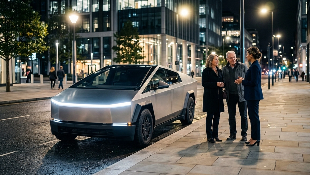 A silver autonomous Tesla Cybercab parked on a modern city street at night under bright streetlights.