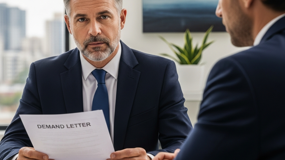 A professional negotiator reviewing a demand letter across from an insurance adjuster in a corporate office setting.