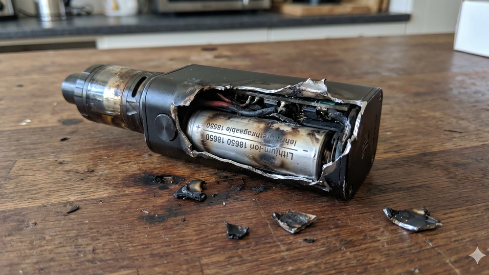 A scorched and shattered electronic cigarette device with a burnt lithium-ion battery, illustrating a vape explosion product liability lawsuit.