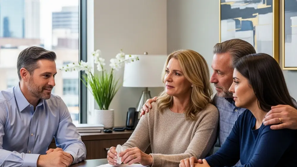 A grieving family sitting in a law office discussing legal options with a compassionate attorney.