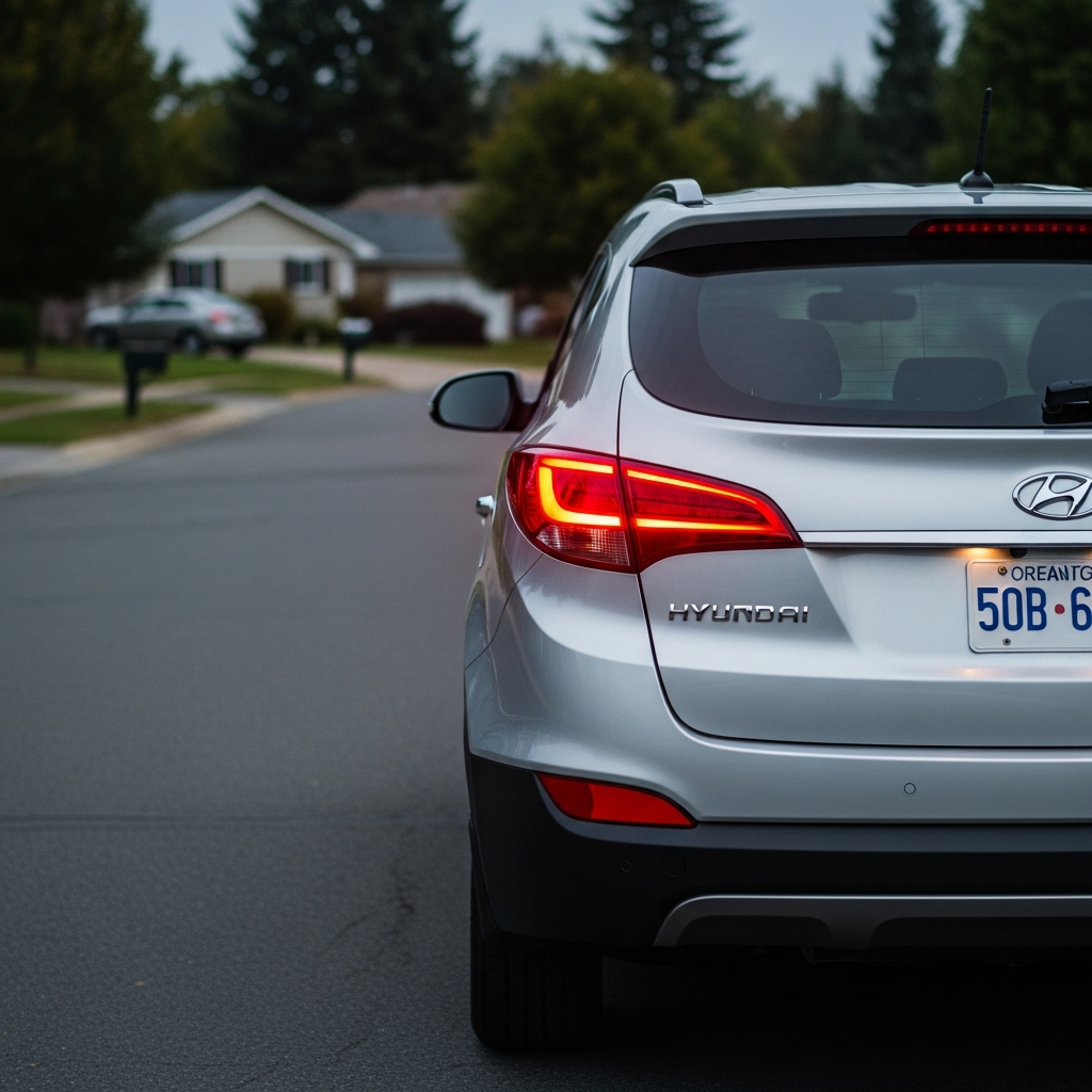 A silver Hyundai SUV parked on a suburban street with its brake lights glowing as a safety feature demonstration.