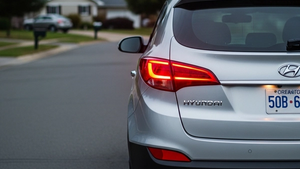 A silver Hyundai SUV parked on a suburban street with its brake lights glowing as a safety feature demonstration.