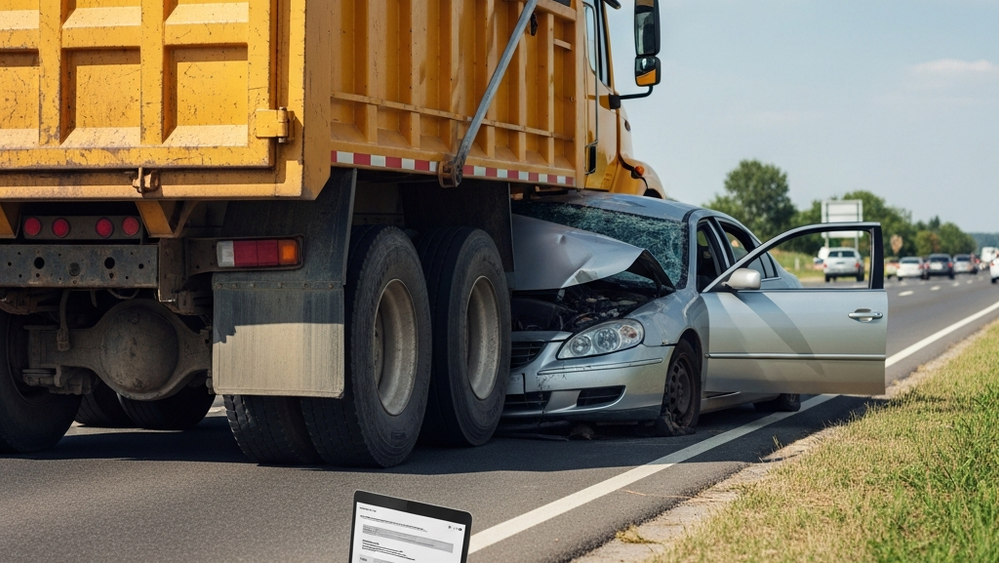 A passenger sedan crushed underneath the rear of a large yellow commercial dump truck on a busy road.