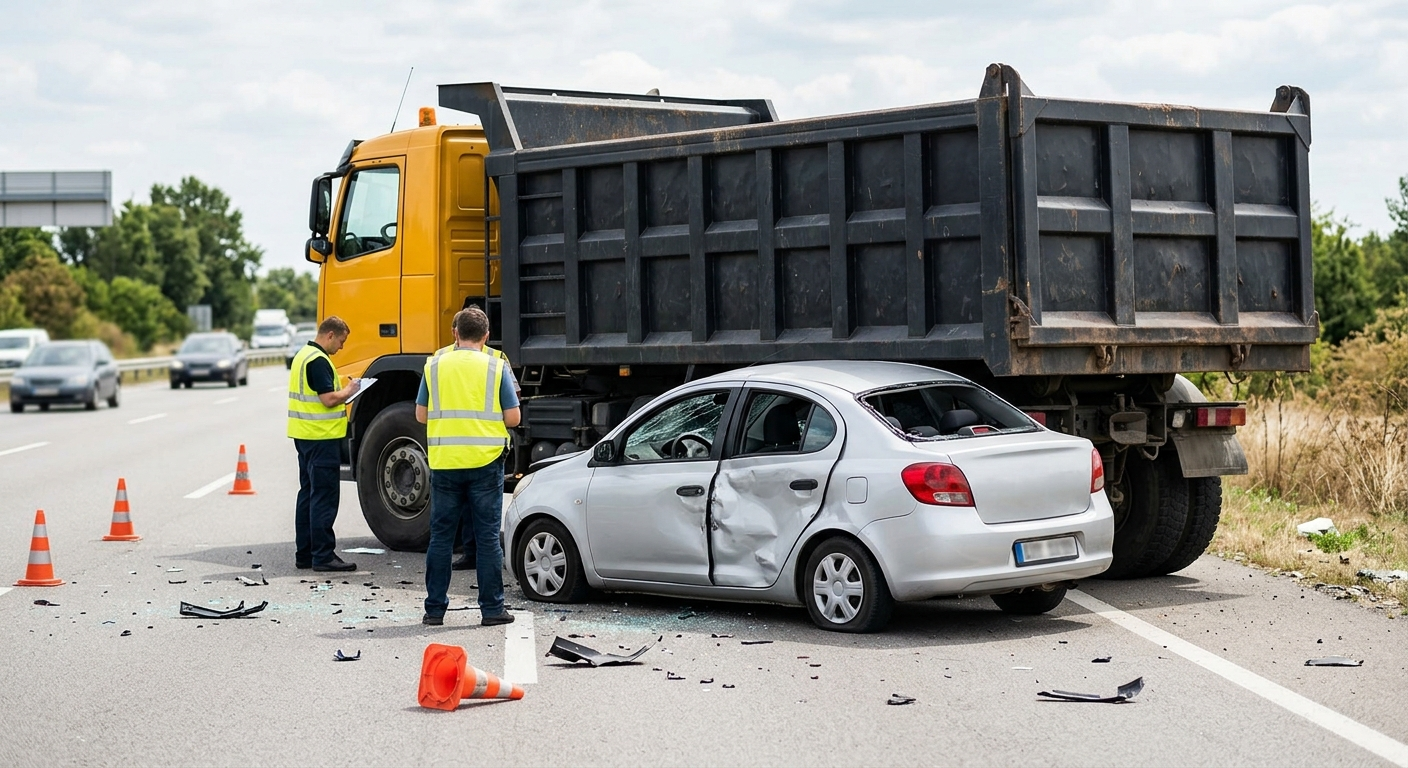 A large yellow commercial dump truck at a roadside accident scene with a damaged sedan, showing the scale of the vehicles involved in a collision.