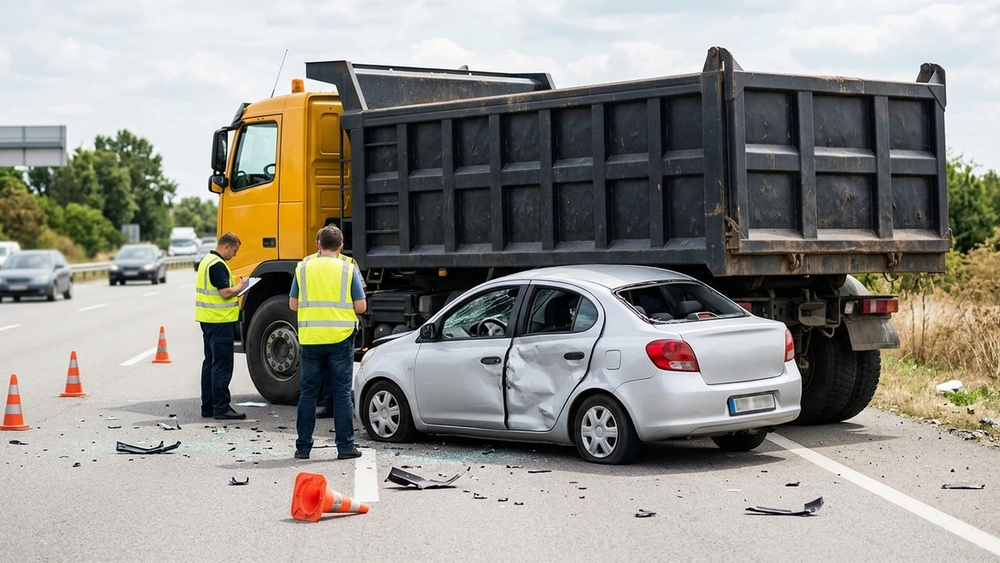 A large yellow commercial dump truck at a roadside accident scene with a damaged sedan, showing the scale of the vehicles involved in a collision.