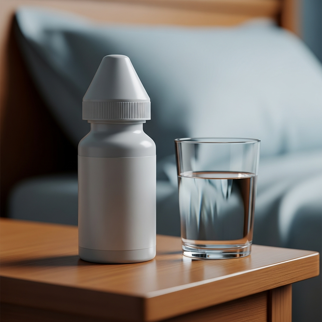 A pharmaceutical bottle of medication labeled for GVHD treatment sitting on a bedside table next to a glass of water.