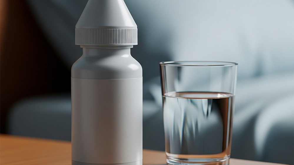 A pharmaceutical bottle of medication labeled for GVHD treatment sitting on a bedside table next to a glass of water.