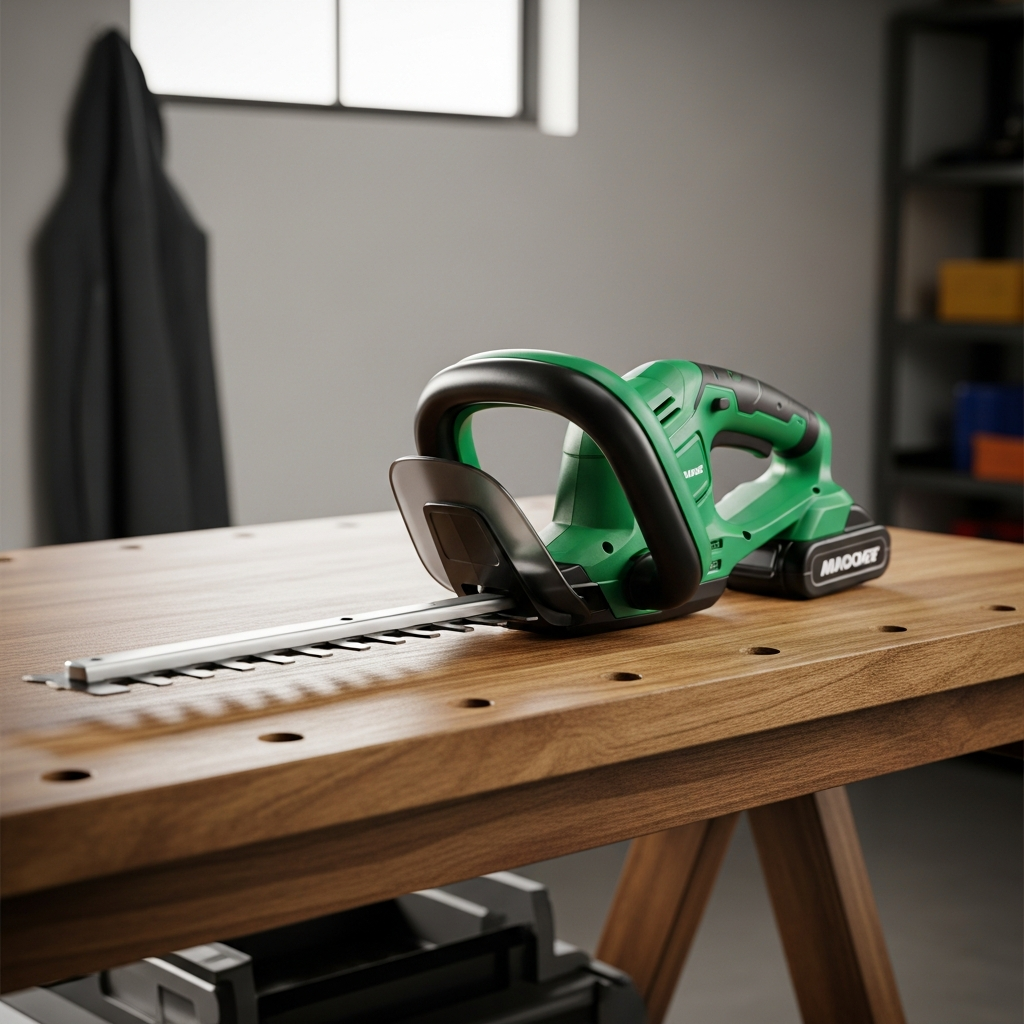 A close-up view of a green and black cordless garden hedge trimmer resting on a wooden workbench in a garage.