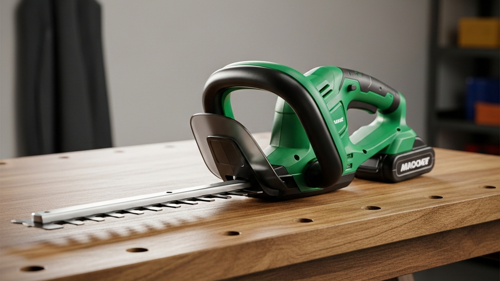 A close-up view of a green and black cordless garden hedge trimmer resting on a wooden workbench in a garage.