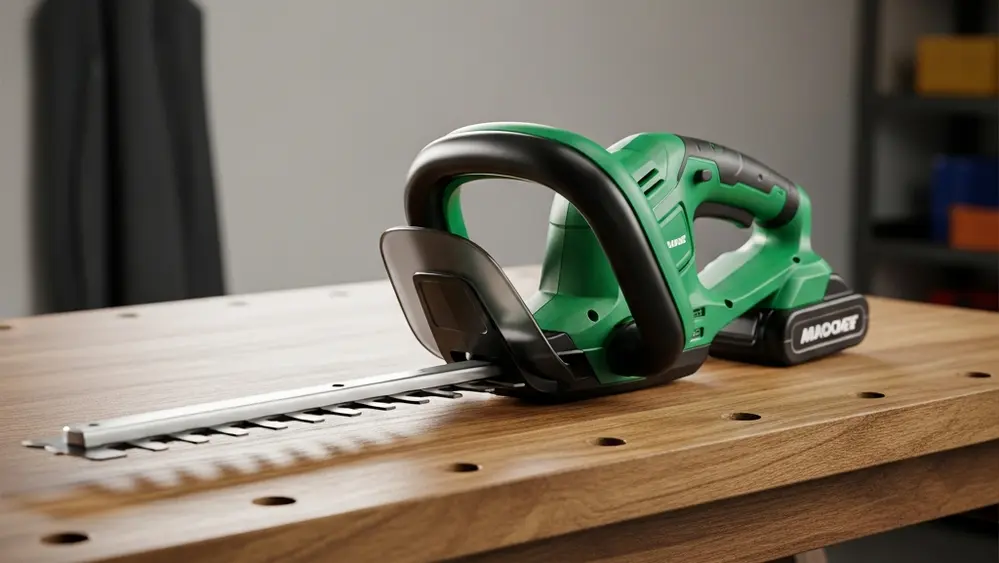 A close-up view of a green and black cordless garden hedge trimmer resting on a wooden workbench in a garage.