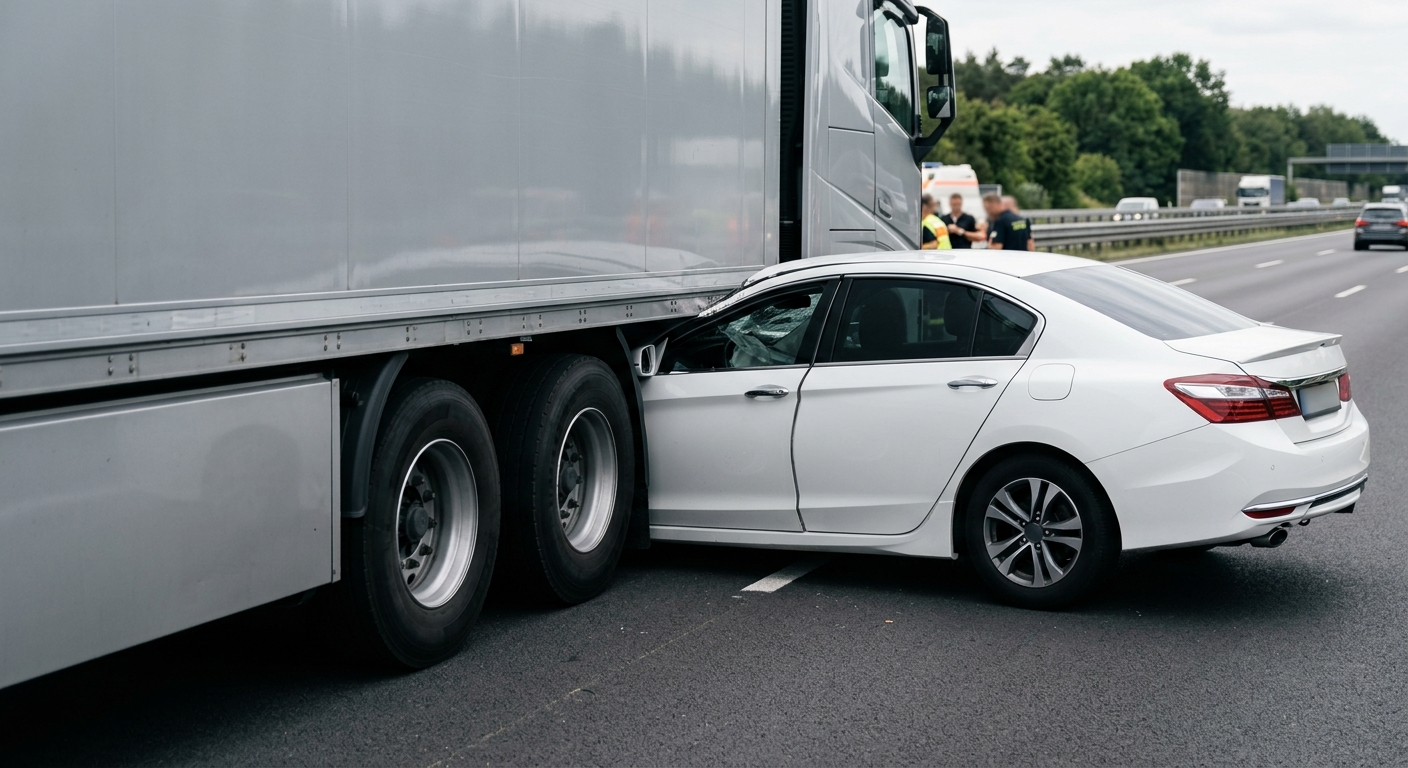 A white passenger car partially wedged beneath the side of a large silver semi-truck trailer on a multi-lane highway during the day.