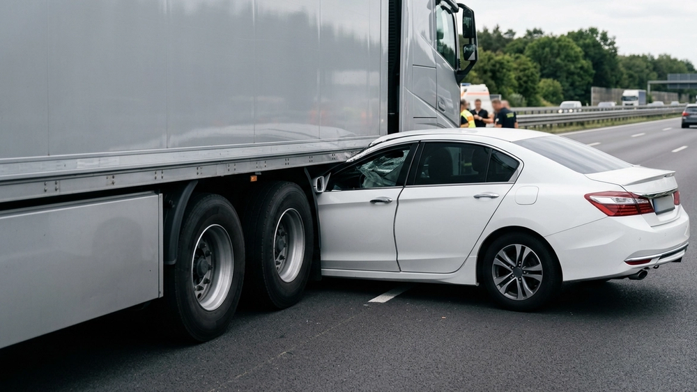 A white passenger car partially wedged beneath the side of a large silver semi-truck trailer on a multi-lane highway during the day.