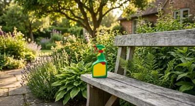 A green Roundup weedkiller spray bottle sitting on a weathered wooden garden bench surrounded by healthy green plants