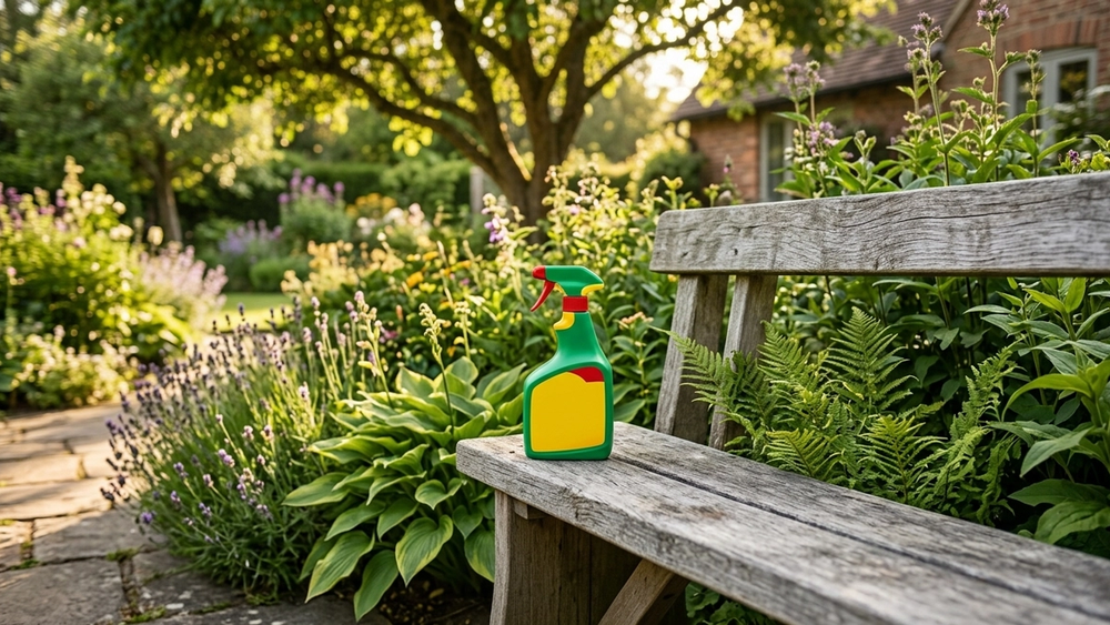 A green Roundup weedkiller spray bottle sitting on a weathered wooden garden bench surrounded by healthy green plants