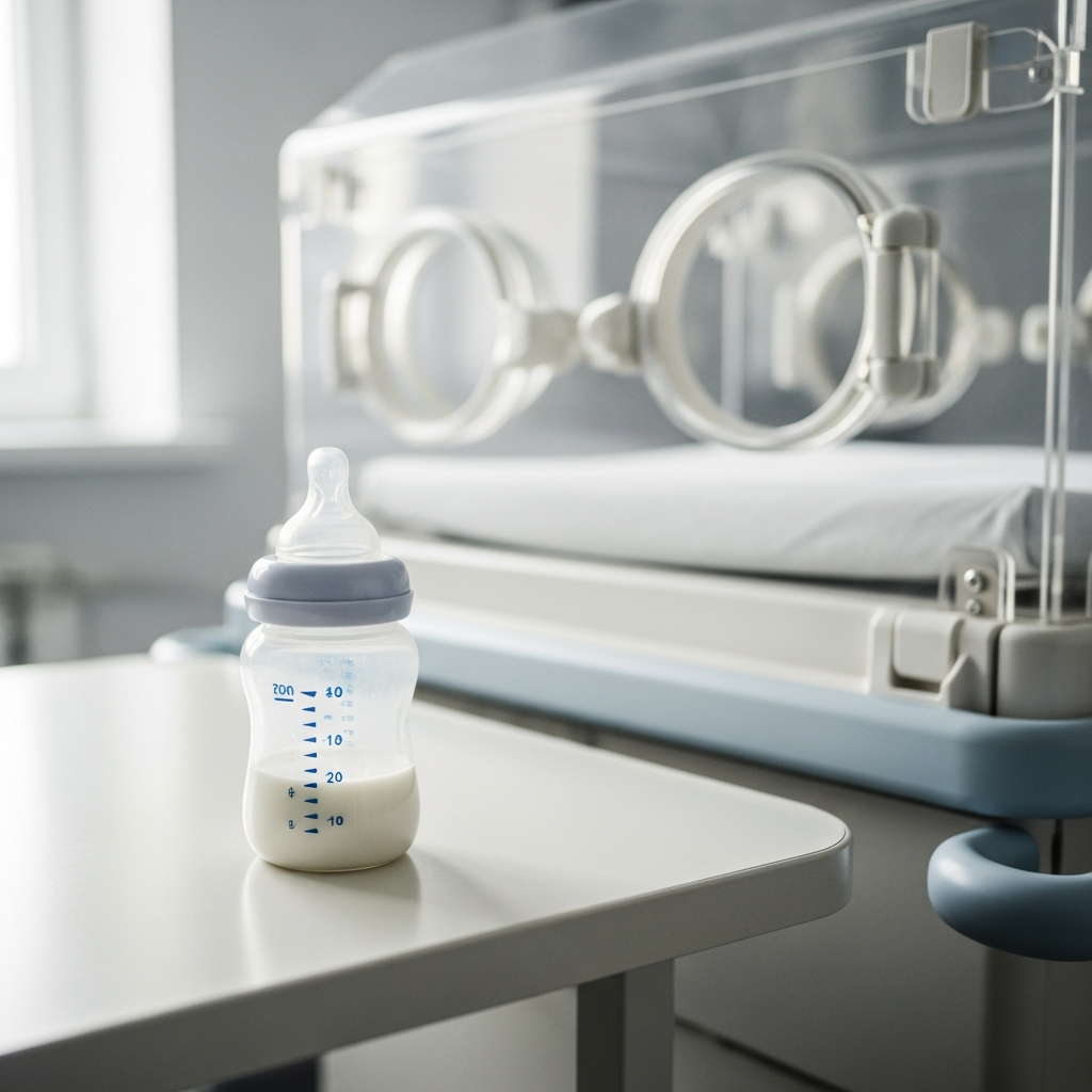A close-up of a plastic baby bottle filled with milk formula sitting on a hospital table near an infant incubator in a brightly lit neonatal ward.