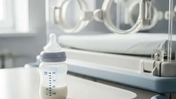 A close-up of a plastic baby bottle filled with milk formula sitting on a hospital table near an infant incubator in a brightly lit neonatal ward.