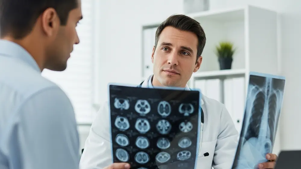A doctor in a white coat looking thoughtfully at a medical scan while a patient sits nearby in a consultation room, symbolizing the diagnostic process.