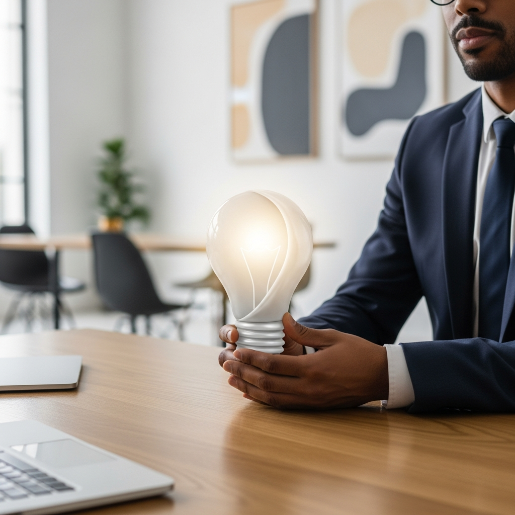 A creative professional at a wooden desk holding a stylized lightbulb icon, signifying a new invention or creative work in a modern office.