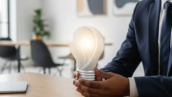 A creative professional at a wooden desk holding a stylized lightbulb icon, signifying a new invention or creative work in a modern office.