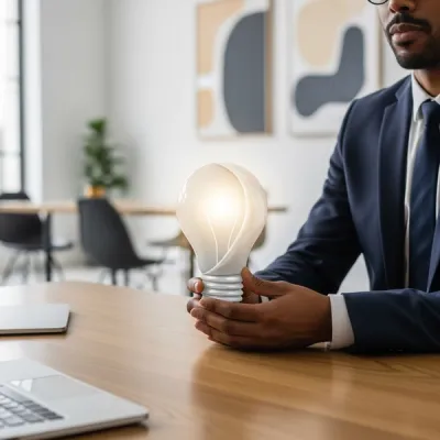 A creative professional at a wooden desk holding a stylized lightbulb icon, signifying a new invention or creative work in a modern office.