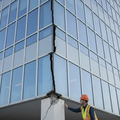 A modern glass building with a visible structural crack running down its side while a person in a safety vest and helmet inspects the foundation.