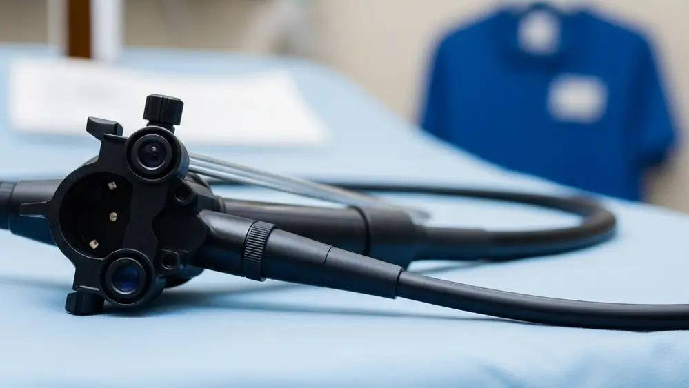 A close-up view of a medical endoscope or colonoscope lying on a sterile blue cloth in a hospital setting, showing its flexible black tube and camera tip.