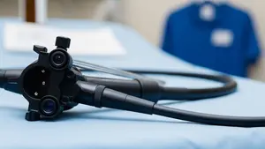 A close-up view of a medical endoscope or colonoscope lying on a sterile blue cloth in a hospital setting, showing its flexible black tube and camera tip.