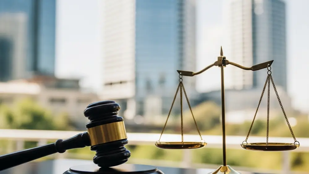 A symbolic image of a wooden gavel resting on a desk next to a scale of justice, with blurred office buildings in the background.