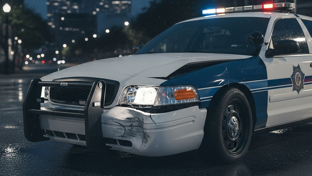 A damaged white and blue police patrol car with a crumpled front bumper and shattered headlight on a Houston city street at night.