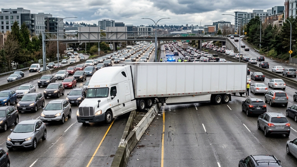 A large white semi-truck with a long trailer shown partially crossed over a concrete center divider on a busy multi-lane freeway.