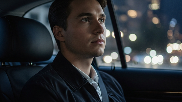 A passenger sitting in the dimly lit rear seat of a vehicle looking out of the window at blurred city lights.