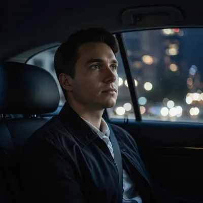 A passenger sitting in the dimly lit rear seat of a vehicle looking out of the window at blurred city lights.