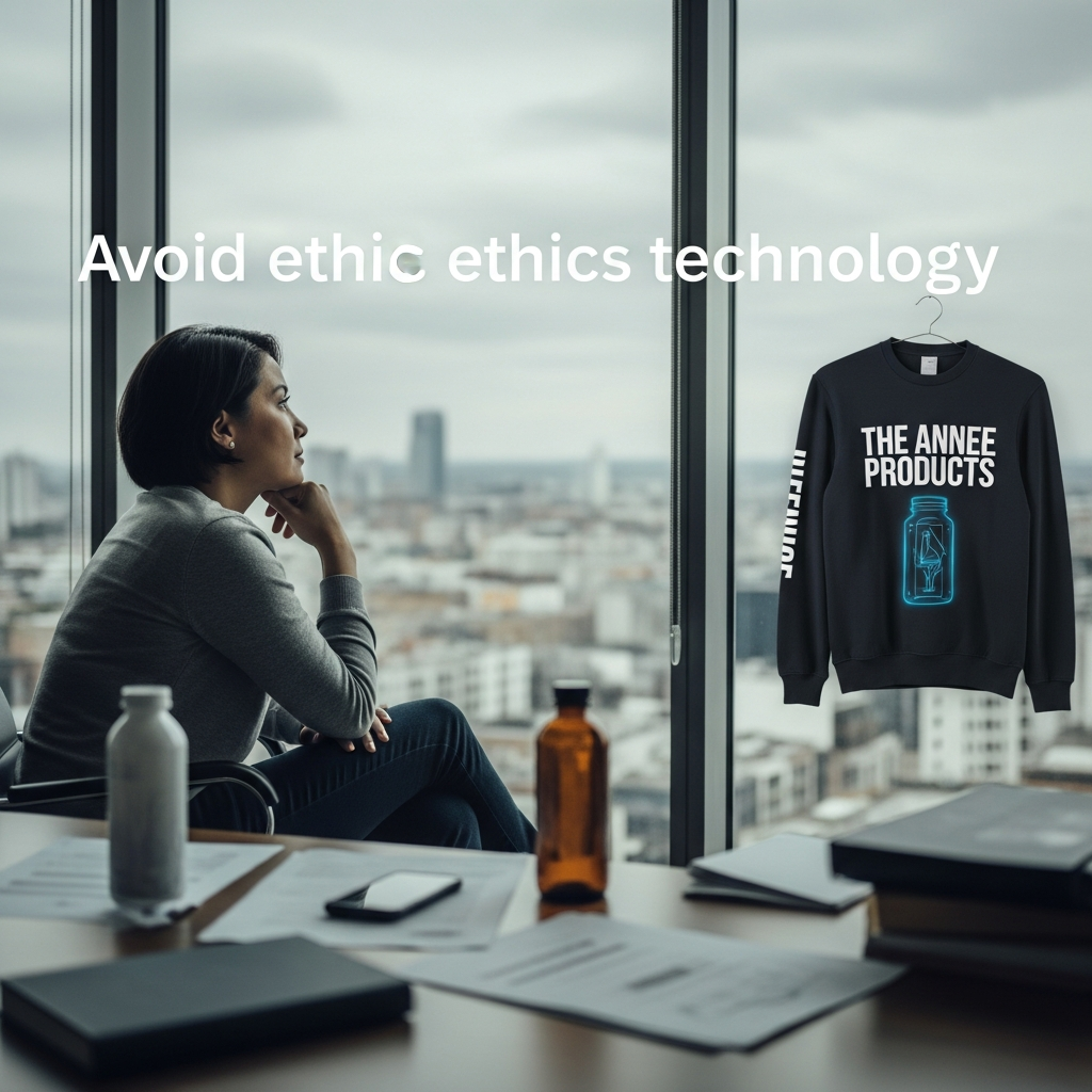 A person sitting pensively in a modern, high-tech office with large glass windows overlooking a city, reflecting on the ethics of advanced technology.