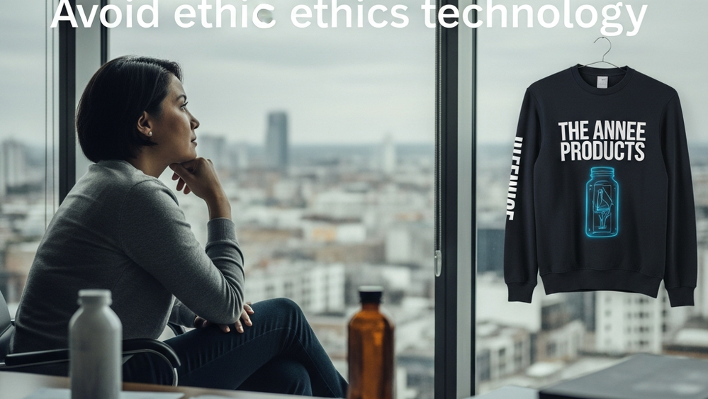 A person sitting pensively in a modern, high-tech office with large glass windows overlooking a city, reflecting on the ethics of advanced technology.