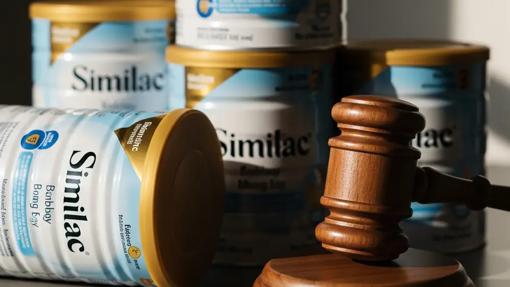 An illustration of baby formula containers with a legal gavel, symbolizing the Similac NEC lawsuits and Abbott's legal defense.