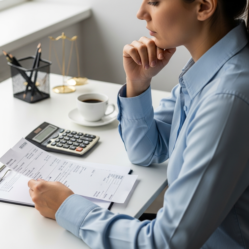A person in professional attire looking thoughtfully at a paycheck while sitting at a desk with a calculator and a cup of coffee nearby.